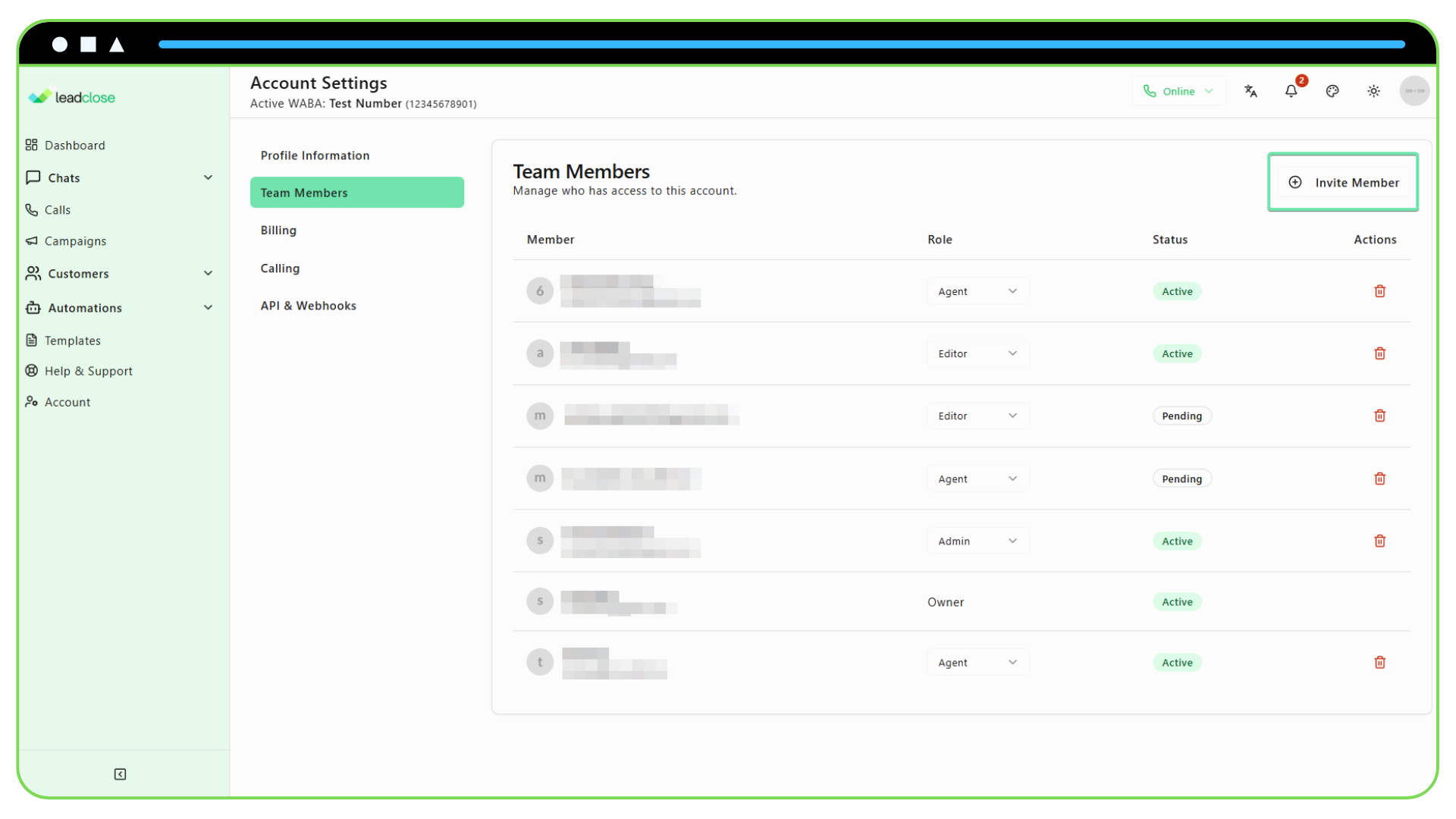 Screenshot showing the Account & Billing page with the “Invite a New Team Member” option highlighted.