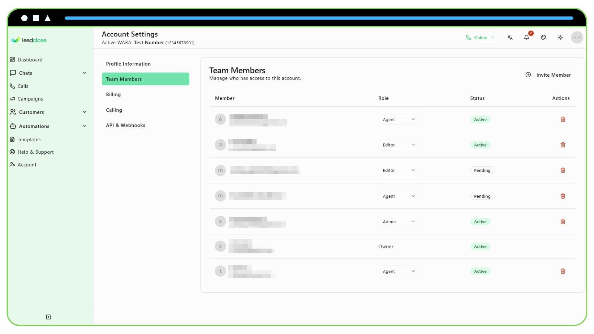 Screenshot of the Team Members table displaying a mix of active and pending users in the Account & Billing section.