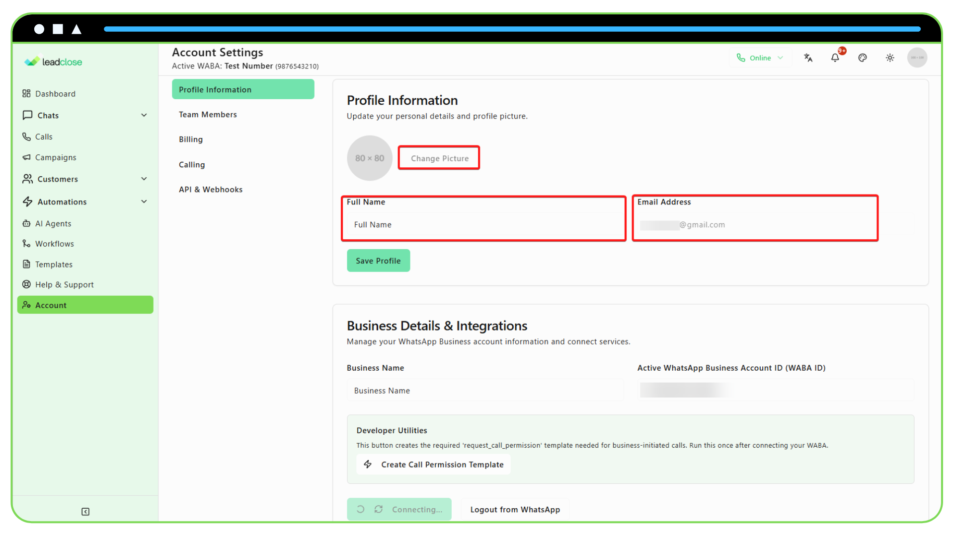Screenshot of The Profile Information card with fields highlighted.