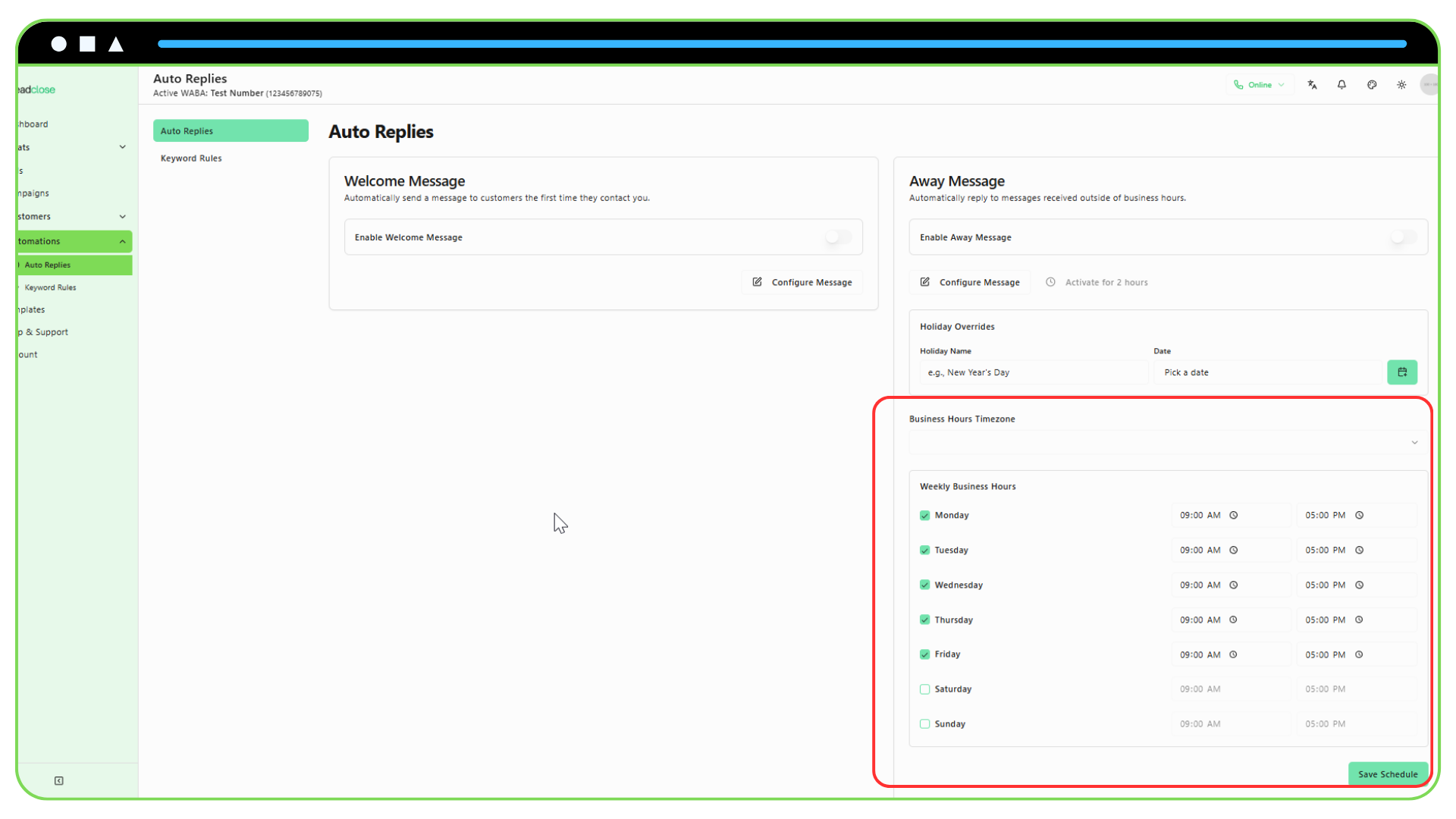 Setting Up Welcome & Away Messages Screenshot of the Business Hours configuration section showing daily time inputs and a timezone selector for setting welcome and away messages.