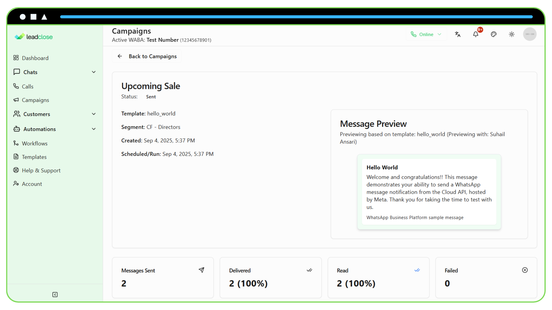 Screenshot of the top section of the Campaign Details page displaying the main statistics cards.