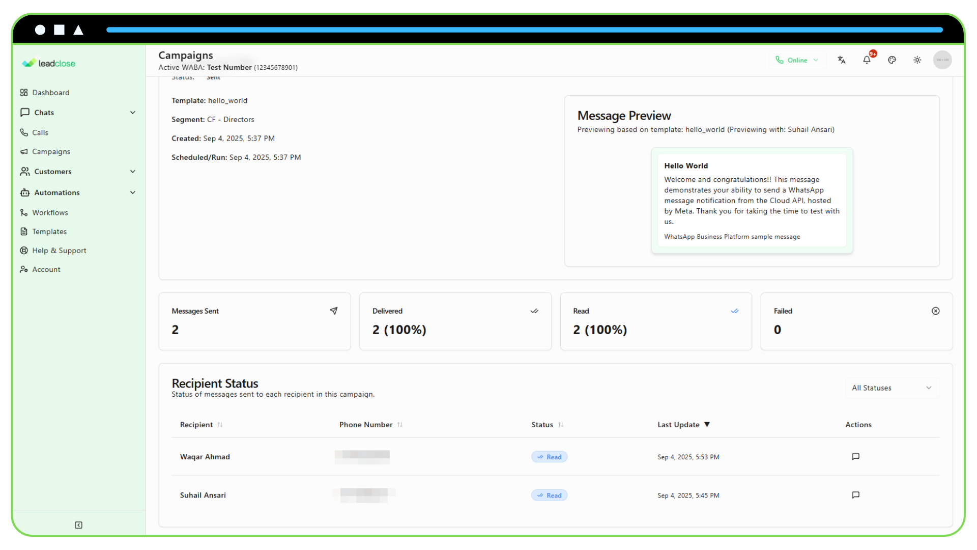 Screenshot of the Recipient Status table on the Campaign Details page.
