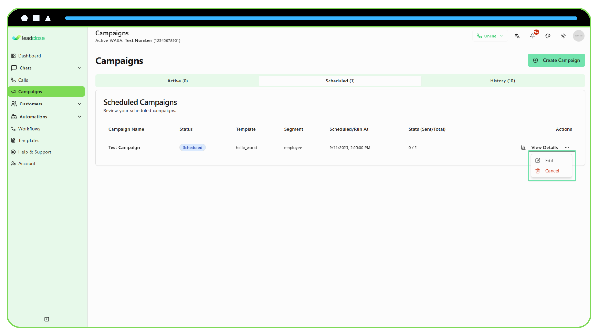 Screenshot of the “Scheduled” tab on the Campaigns page with a campaign’s Actions menu highlighted.