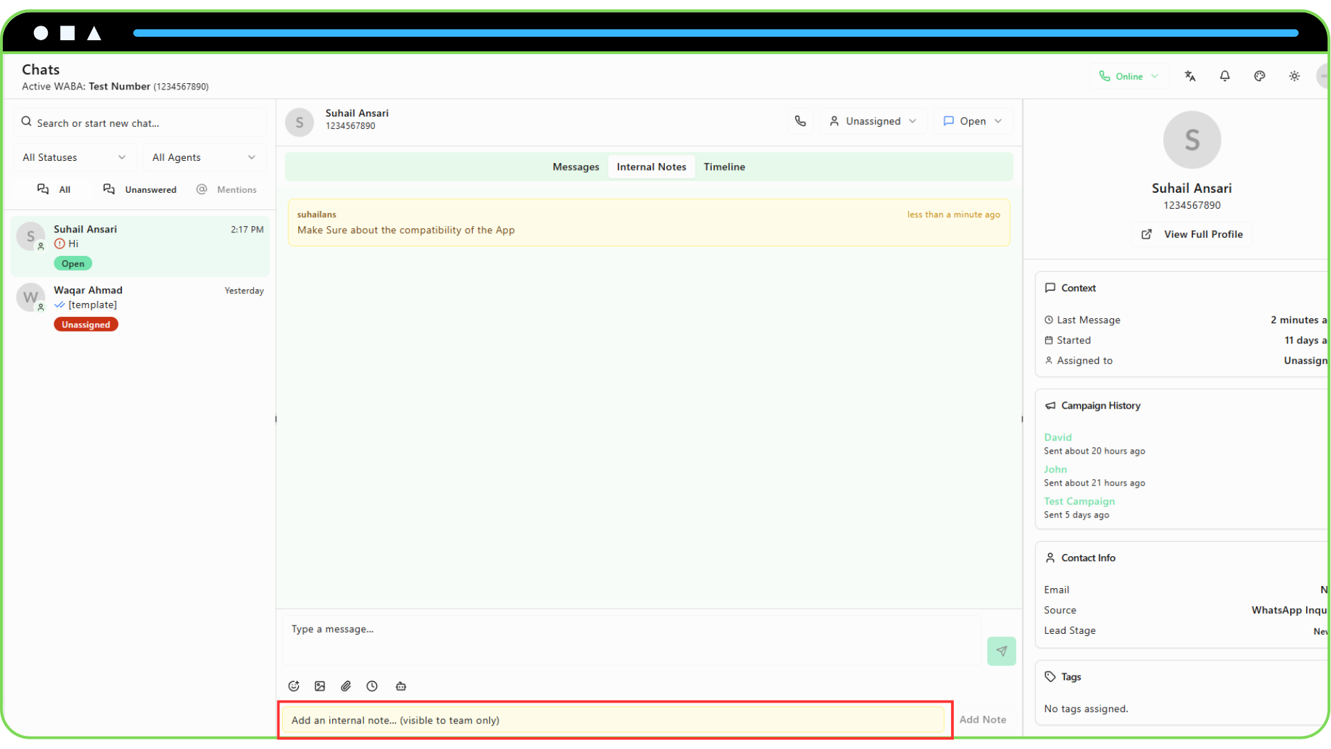 Collaborating with Internal Notes Screenshot of the chat view with the “Internal Notes” tab active, highlighting the yellow input box at the bottom.
