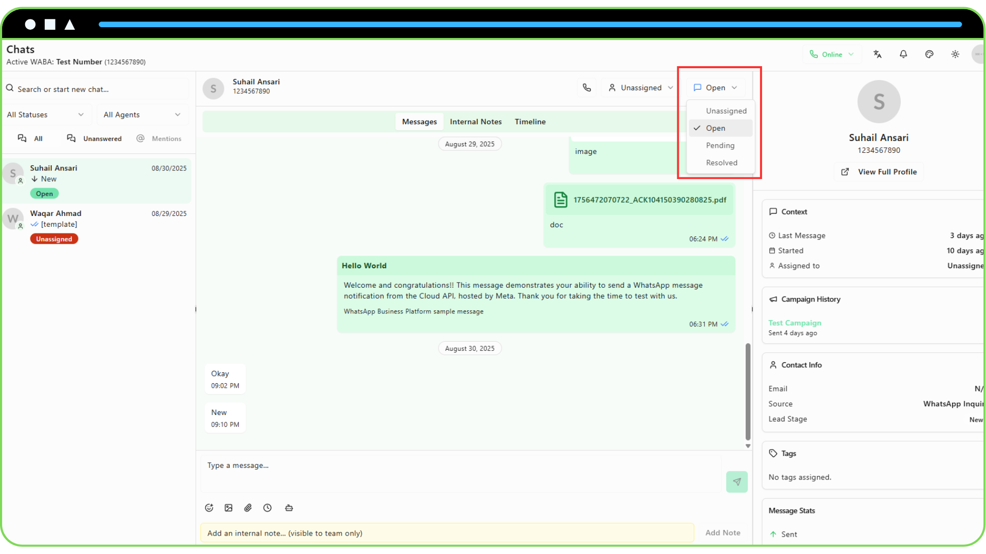 How to Assign and Resolve Chats Screenshot of the Chat View header highlighting the Status dropdown.