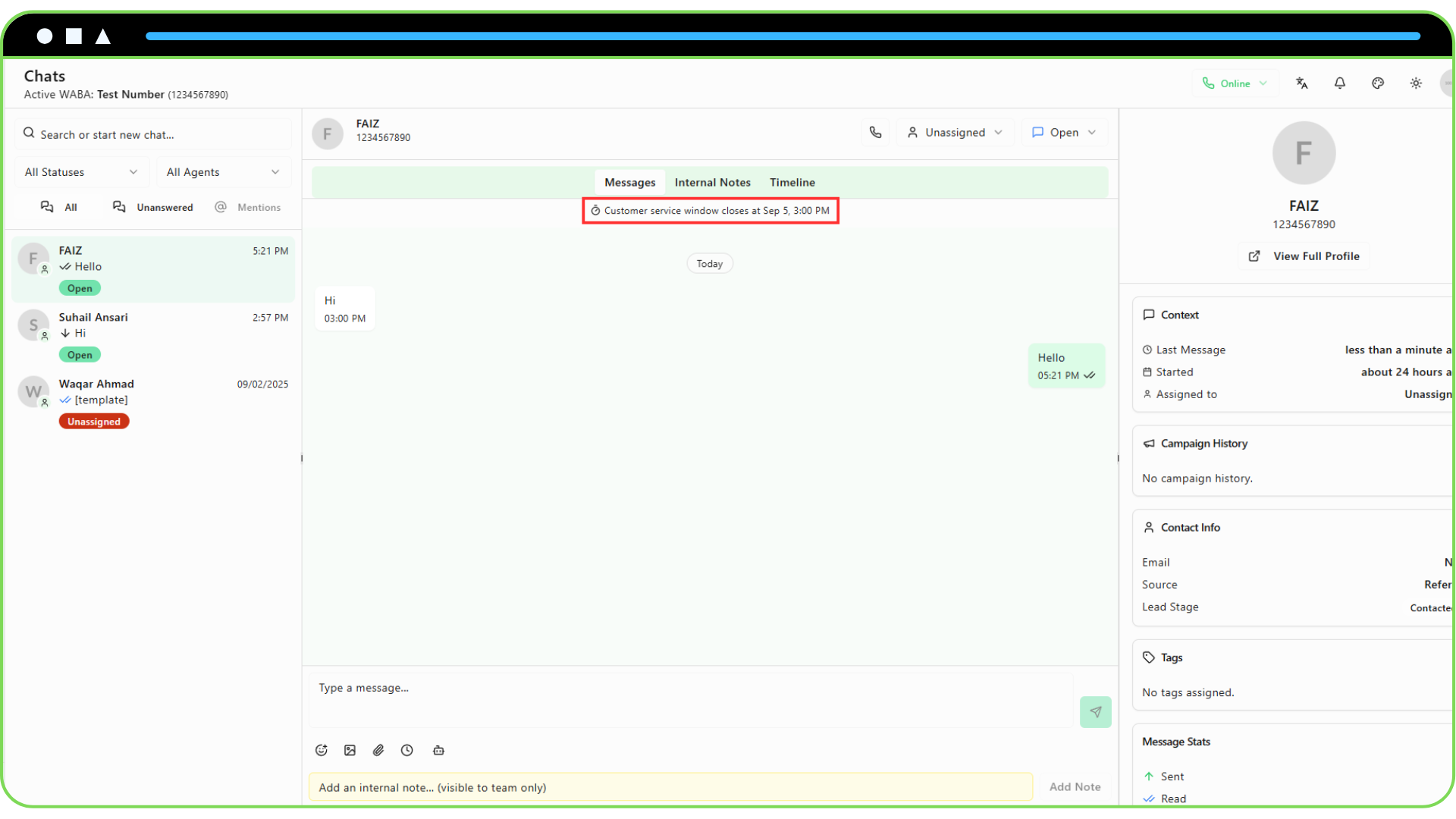 Screenshot of the top of the chat panel highlighting the “Customer service window closes…” timer.