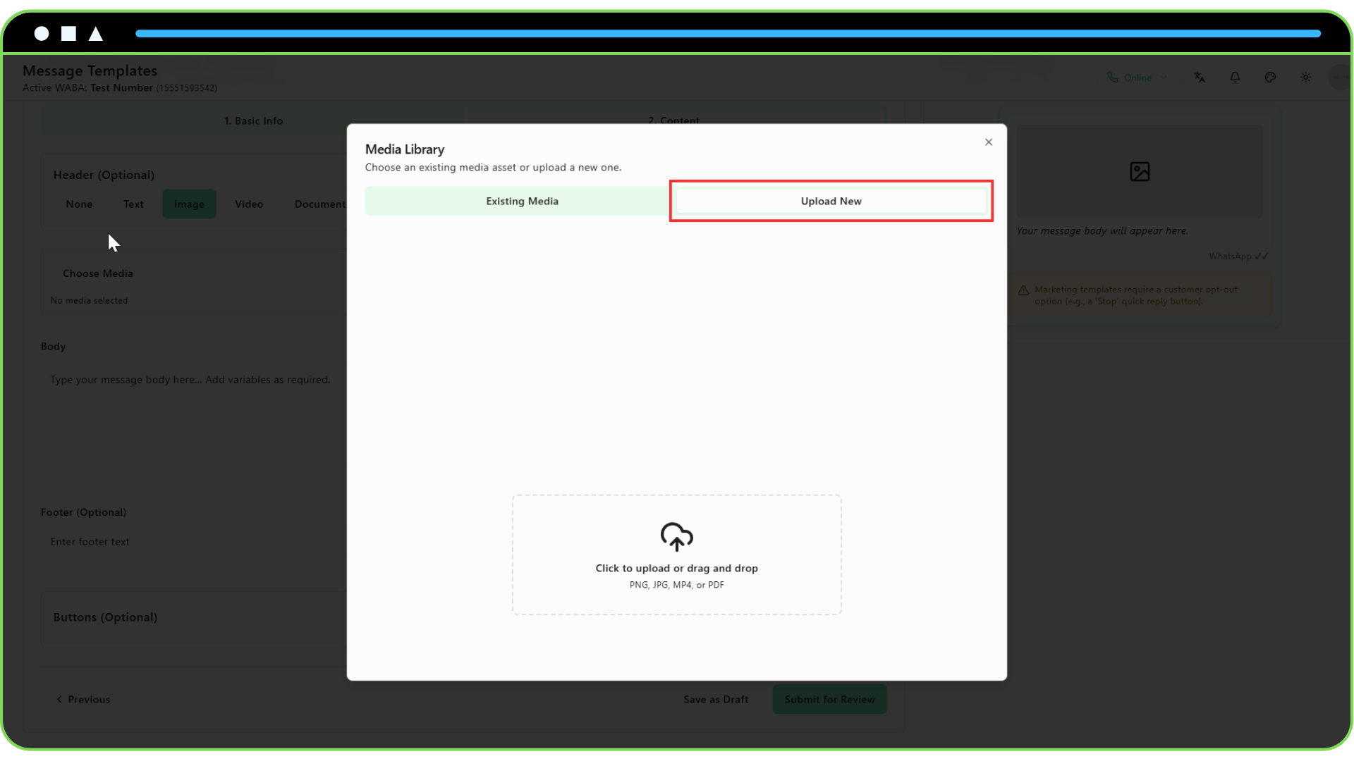 Screenshot of the Media Picker modal opened from the template editor with the “Upload New” tab active.