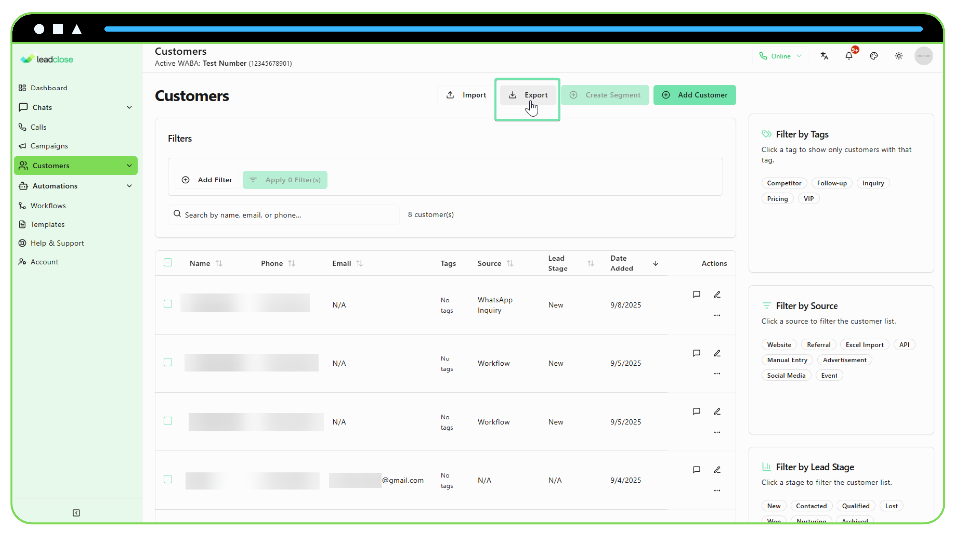 Screenshot of the Customers page with the “Export” button highlighted.