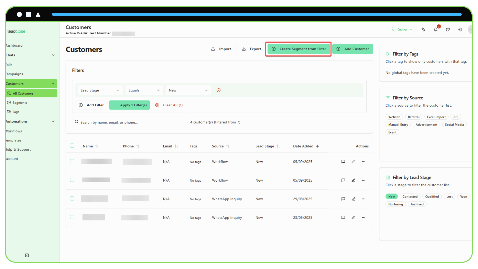 Create a Dynamic Segment Screenshot of the filter builder on the Customers page with an active filter and the “Create Segment from Filter” button highlighted.