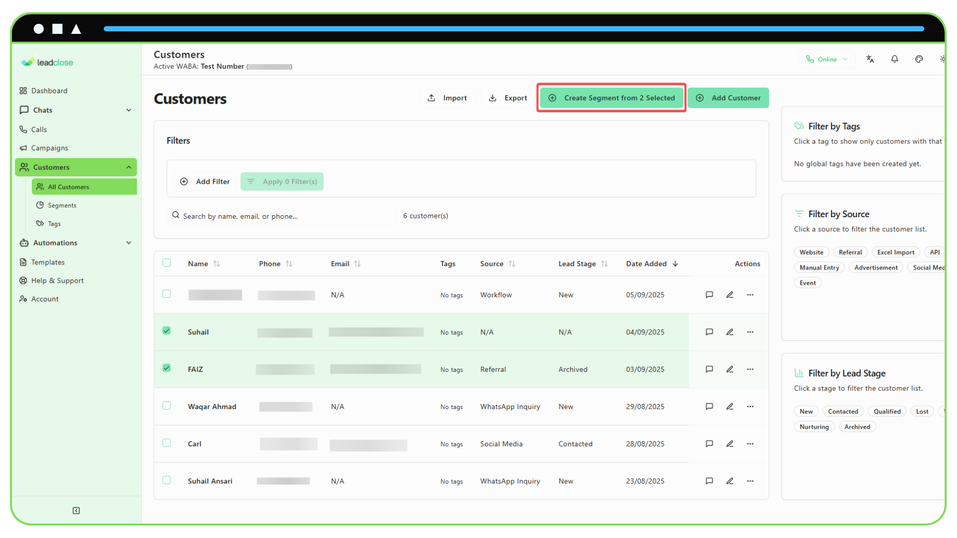 Create a Static Segment Screenshot of the Customers page with several rows selected and the “Create Segment” button highlighted.