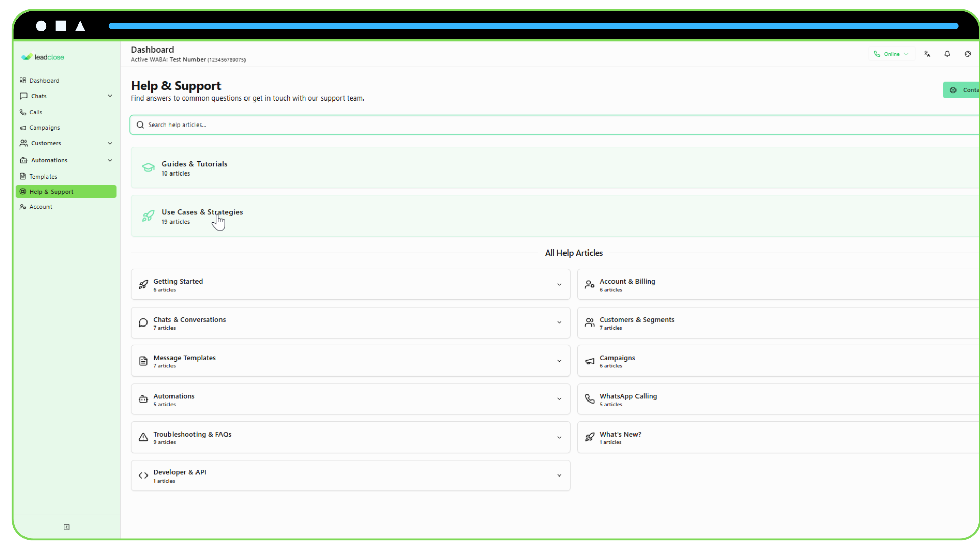Help & Support Screenshot of the main Help & Support page showing the search bar and various category accordions.