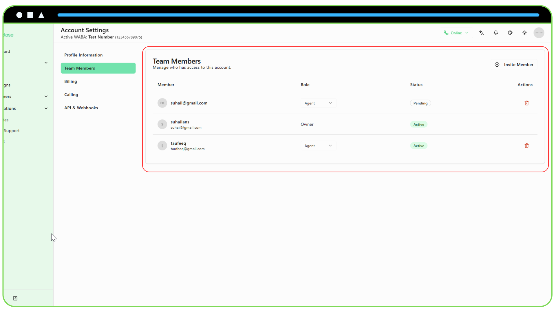 Inviting Your Team Screenshot of the “Team Members” card in Account Settings with the “Invite Member” button highlighted.