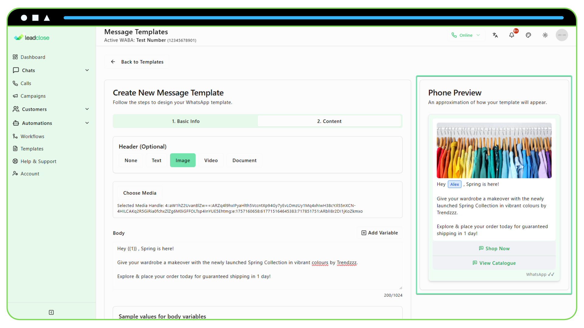Best Practices for High-Engagement Message Templates Screenshot of a message template preview displaying clear call-to-action buttons such as “Shop Sale” and “View Catalogue.