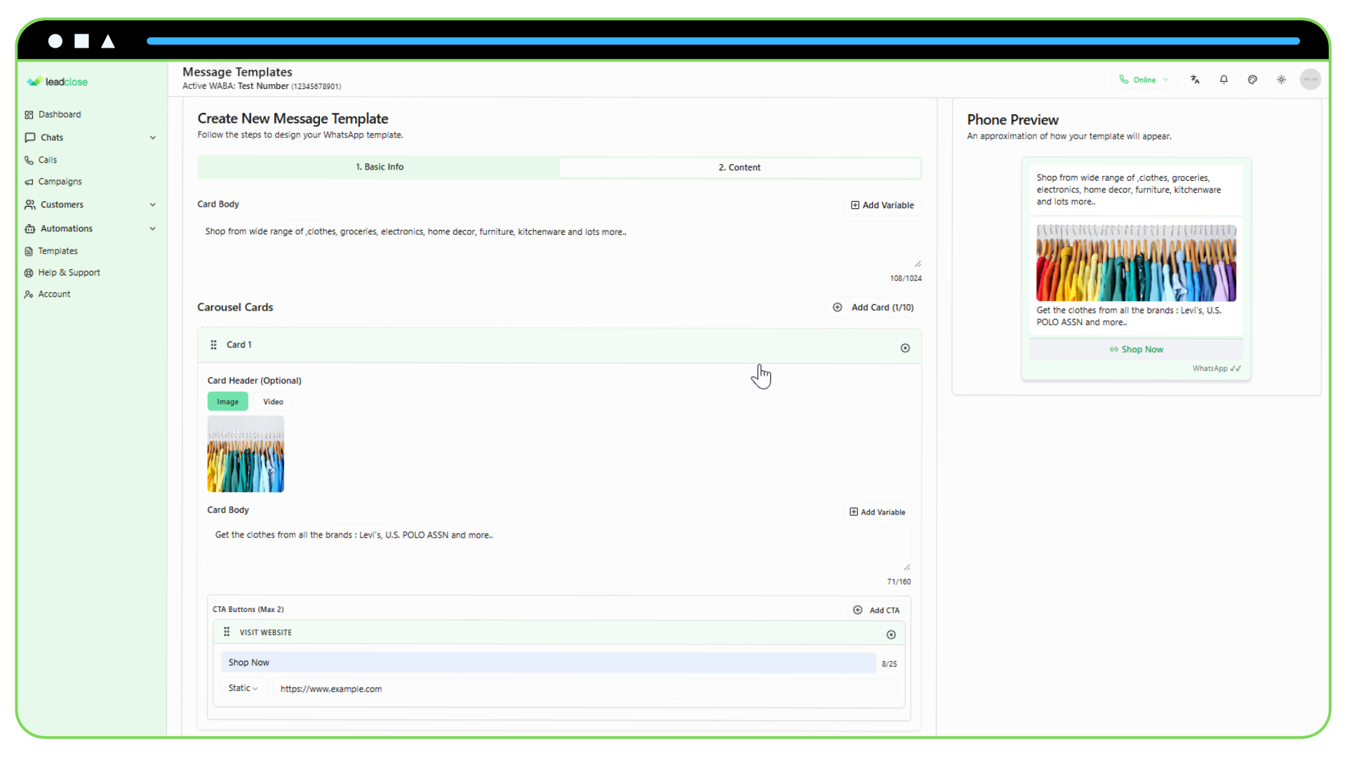 Creating a Carousel Template Screenshot of the carousel card configuration area showing fields for the header, body, and buttons for a single card.