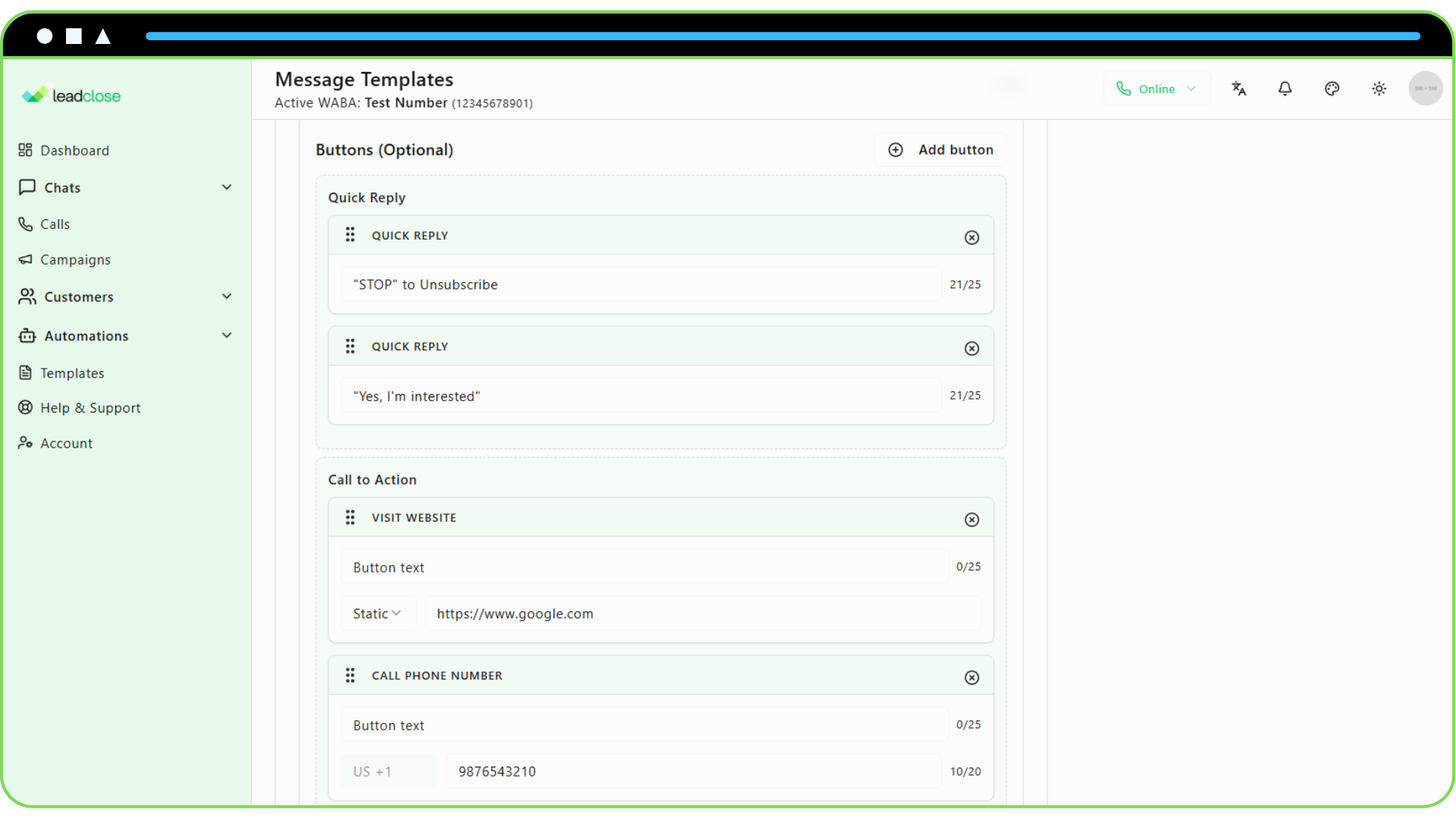 Screenshot of the button creation section showing different CTA and Quick Reply options.