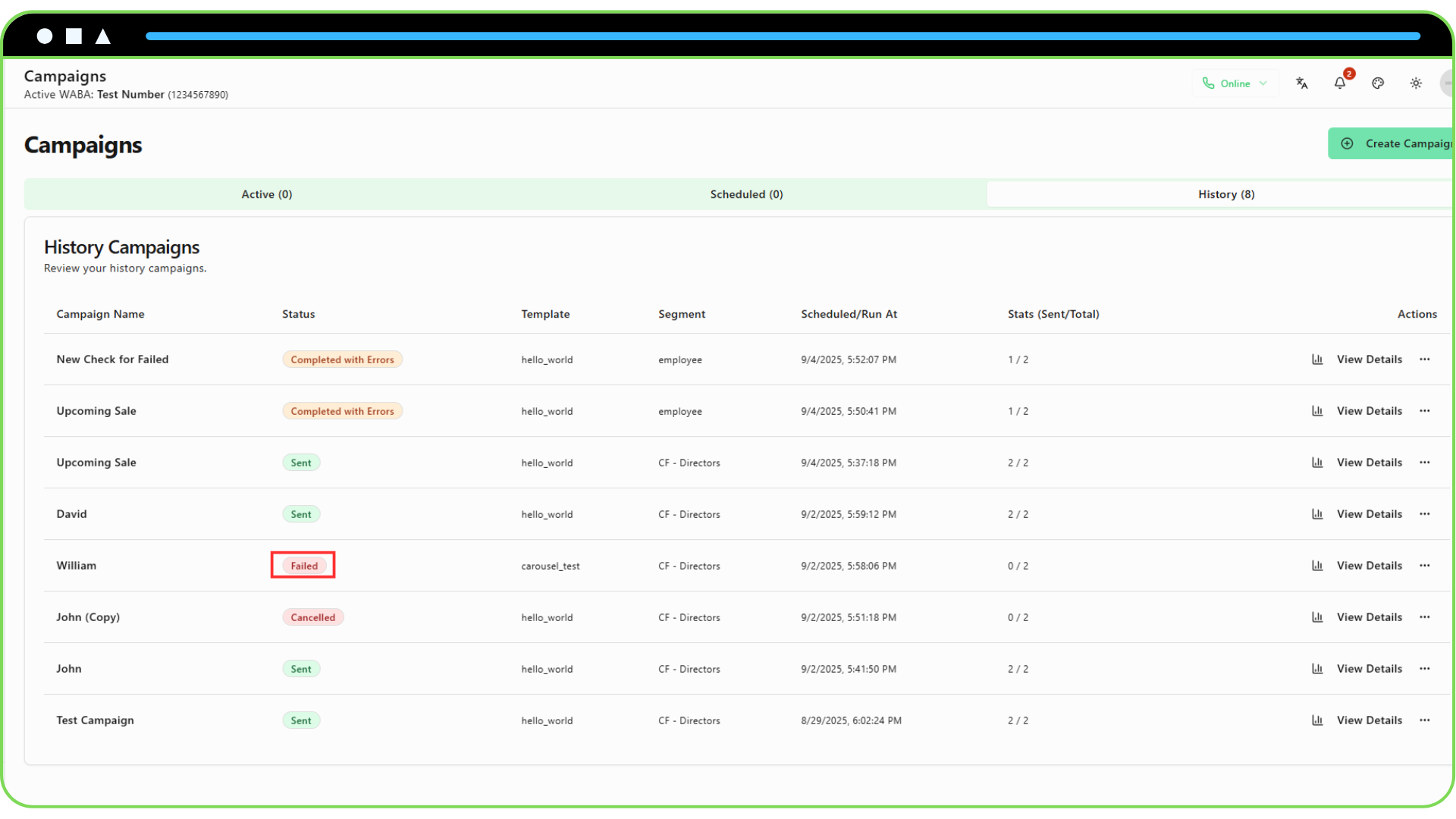 Common Campaign Errors & What They Mean Screenshot of the Campaign Details page with the status filter set to “Failed”, showing a list of failed recipients.