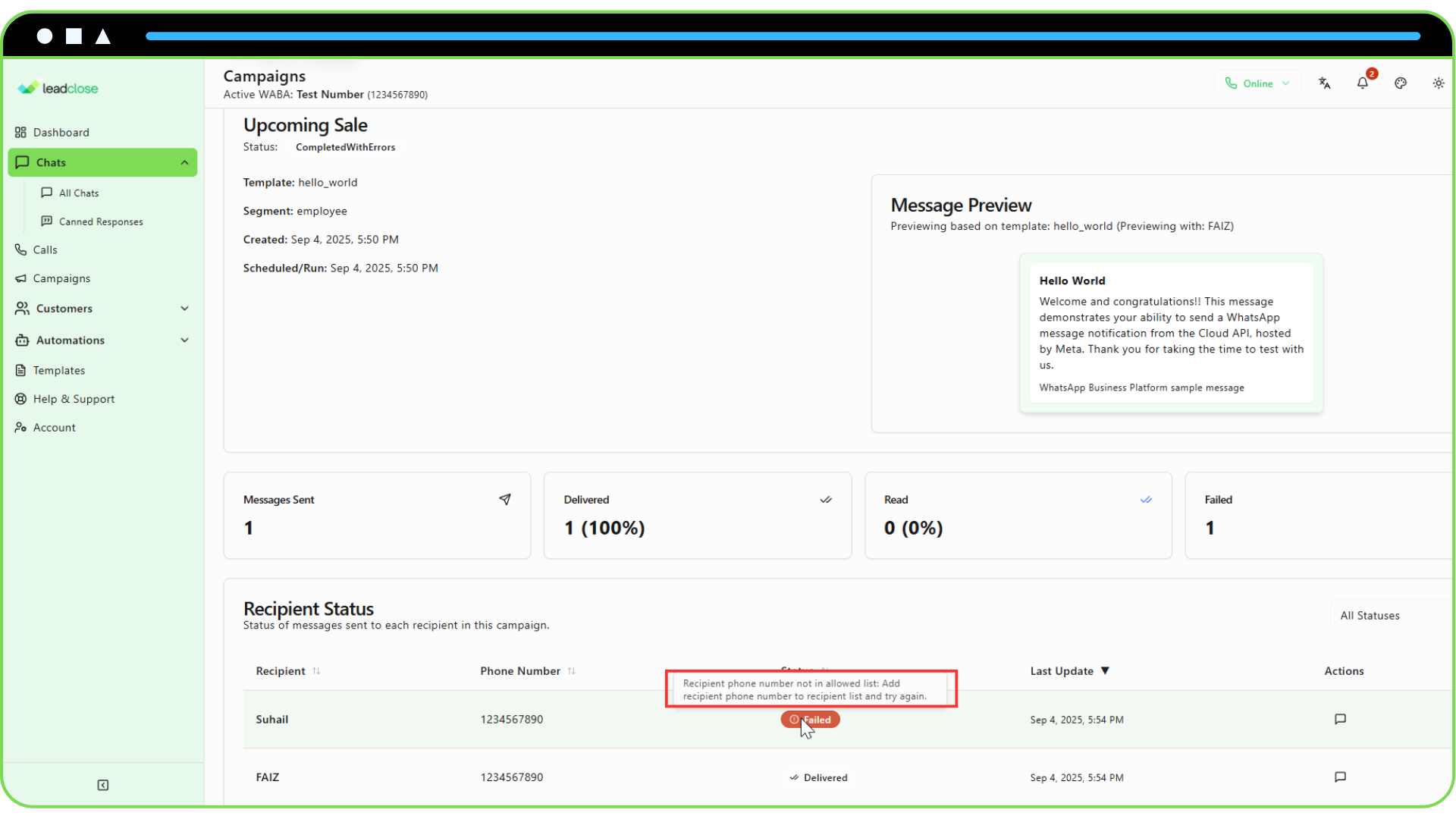 Screenshot of the recipient status table with the cursor hovering over a “Failed” badge, showing a tooltip with an API error message.