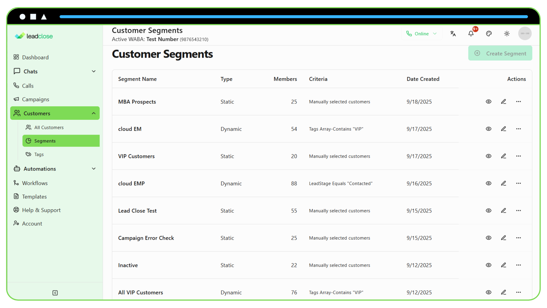 How to Increase Sales with WhatsApp Screenshot of the Segments page displaying a list of customer segments such as “VIP Customers,” “Inactive,” and “New Leads.