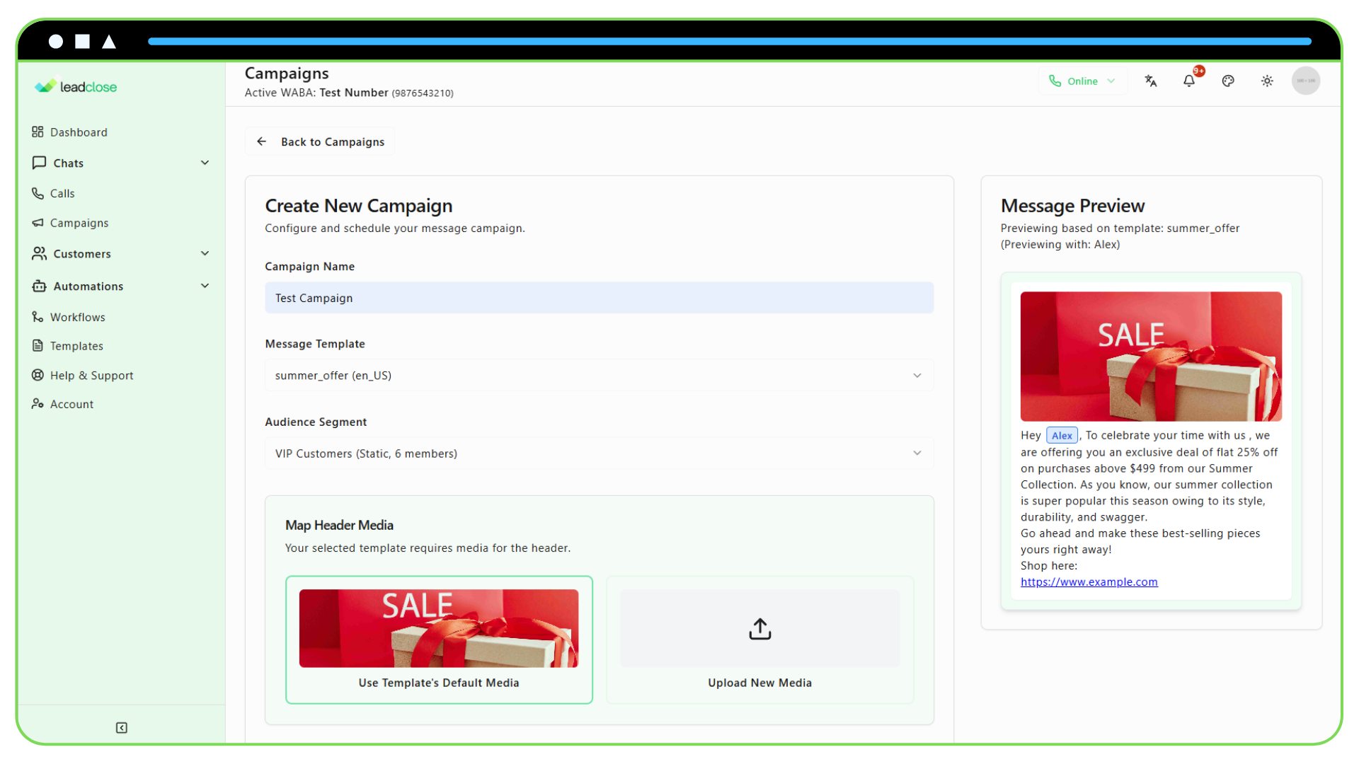 How to Send Promotional Messages Screenshot of the campaign creation screen with a Marketing message template and the “VIP Customers” audience segment selected.