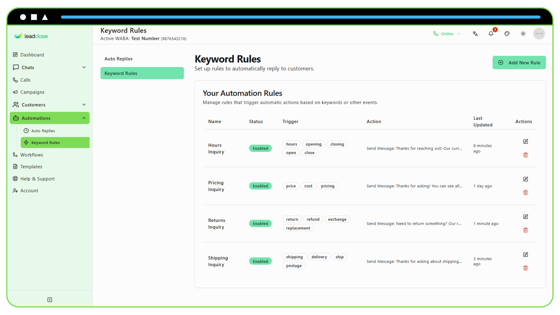 Reducing Customer Support Costs with Keyword Rules Screenshot of the Keyword Rules list displaying several FAQ rules such as “Hours,” “Shipping,” and “Returns.