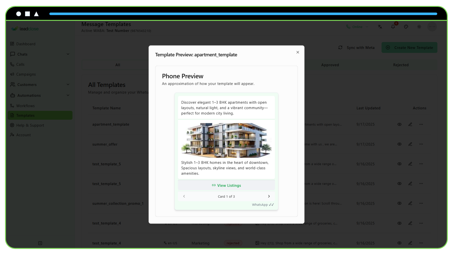 WhatsApp Marketing for Real Estate Screenshot of a carousel message template preview featuring three different apartment listings for a real estate promotion.