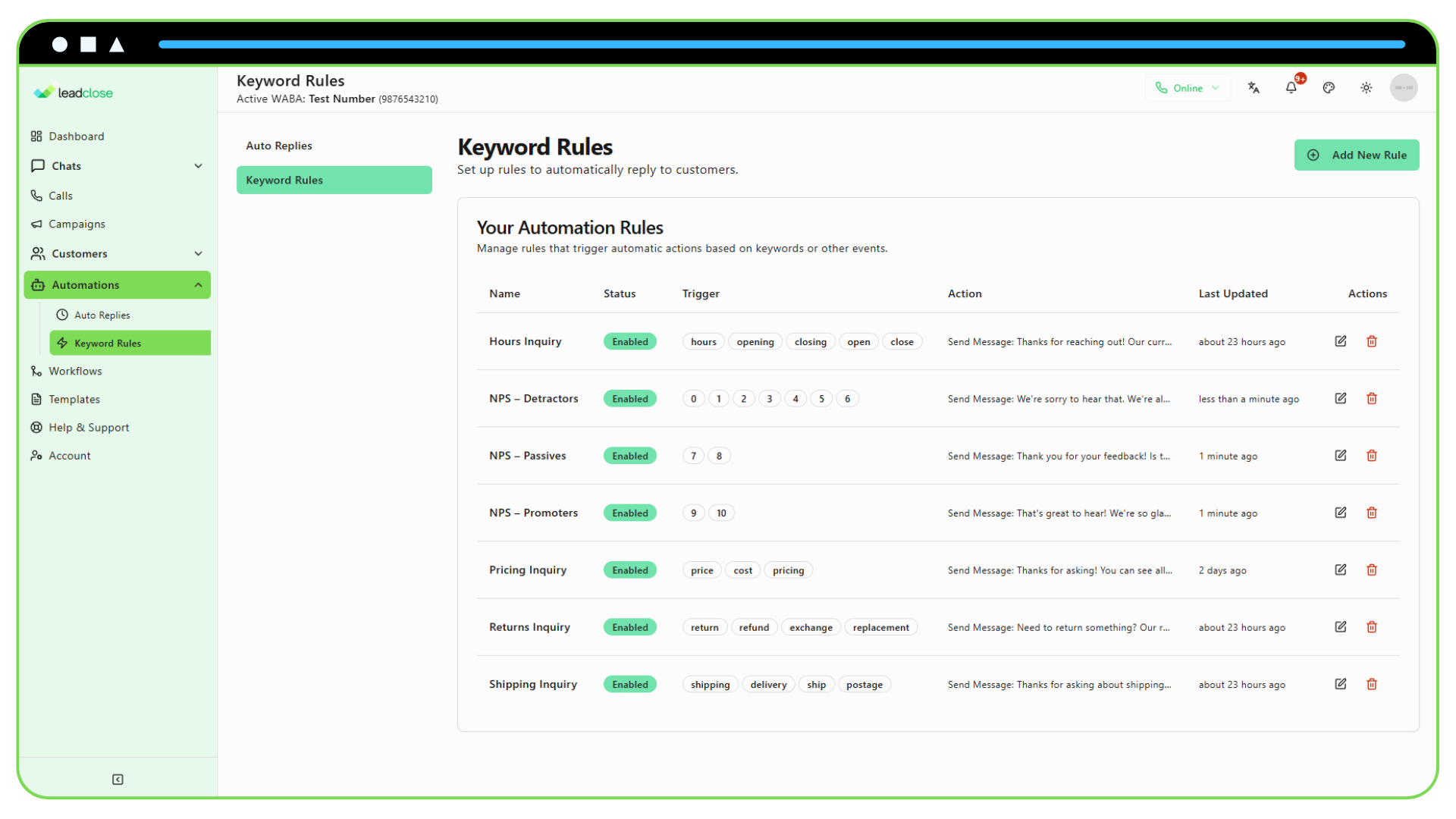 WhatsApp for Customer Feedback Surveys Screenshot of the Keyword Rules page displaying different rules set up for various NPS score ranges.