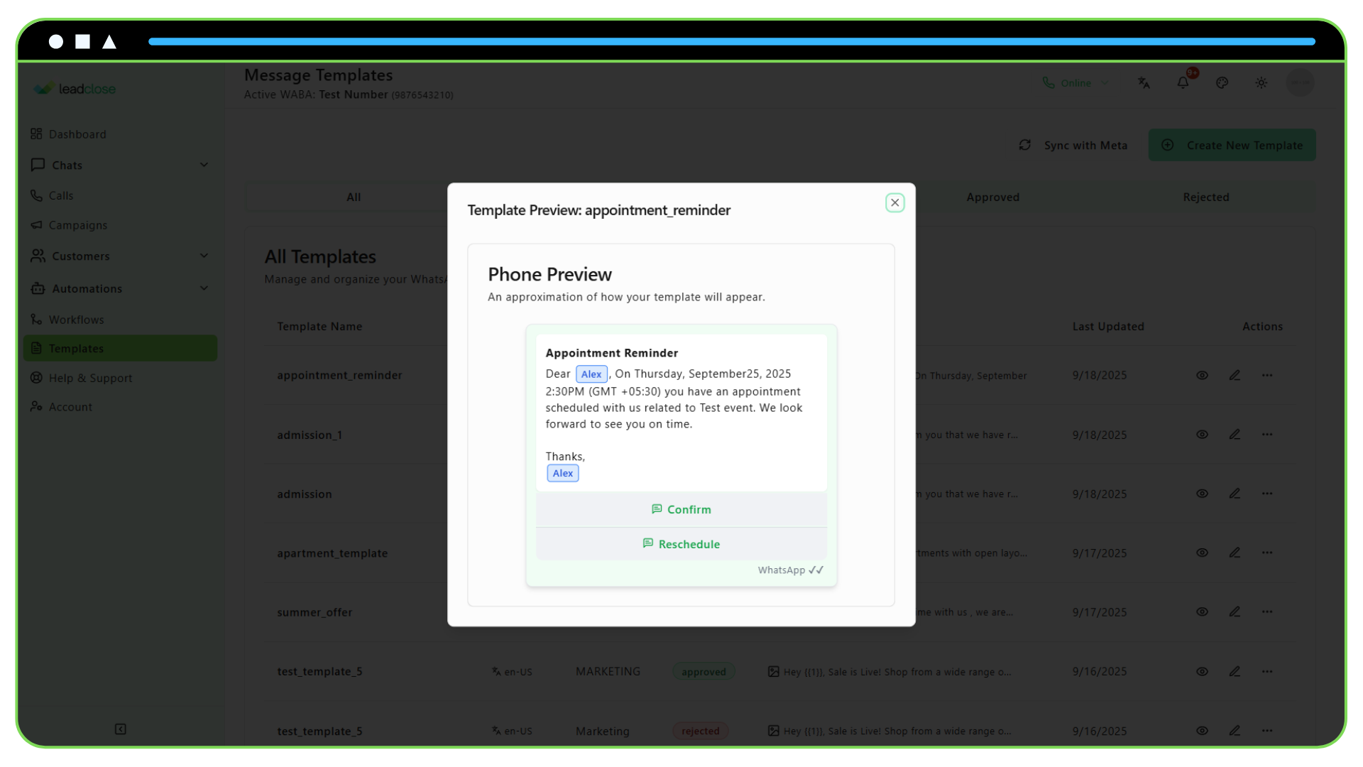 WhatsApp for Healthcare and Pharmacies Screenshot of an appointment reminder template preview featuring “Confirm” and “Reschedule” buttons.