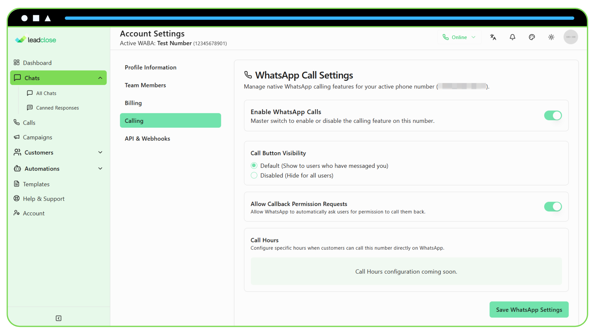 Configuring Call Settings Screenshot of the “WhatsApp Call Settings” card displaying various toggles and radio button groups.