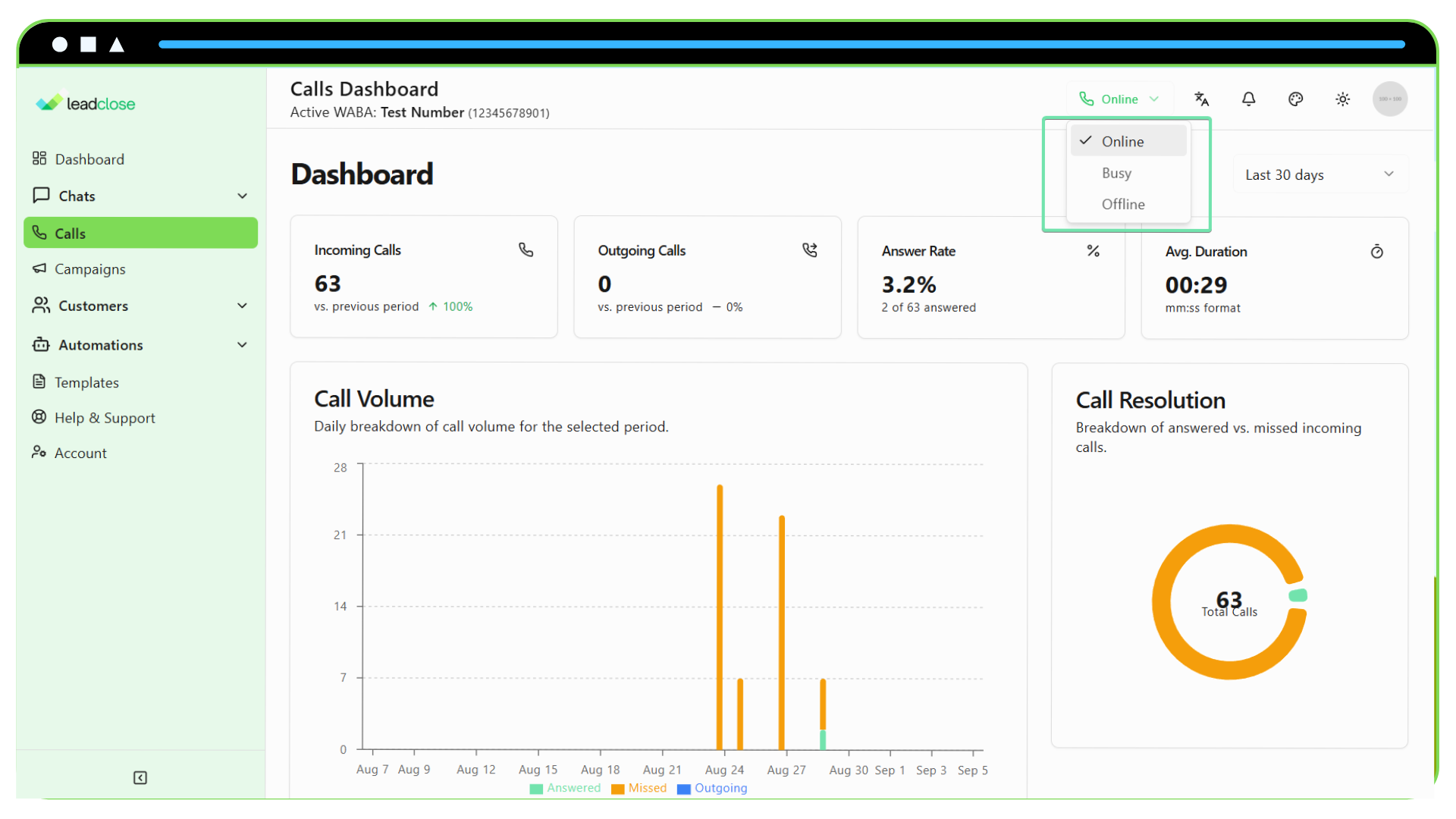 How to Make & Receive Calls Screenshot of the app header with the Agent Status dropdown highlighted.