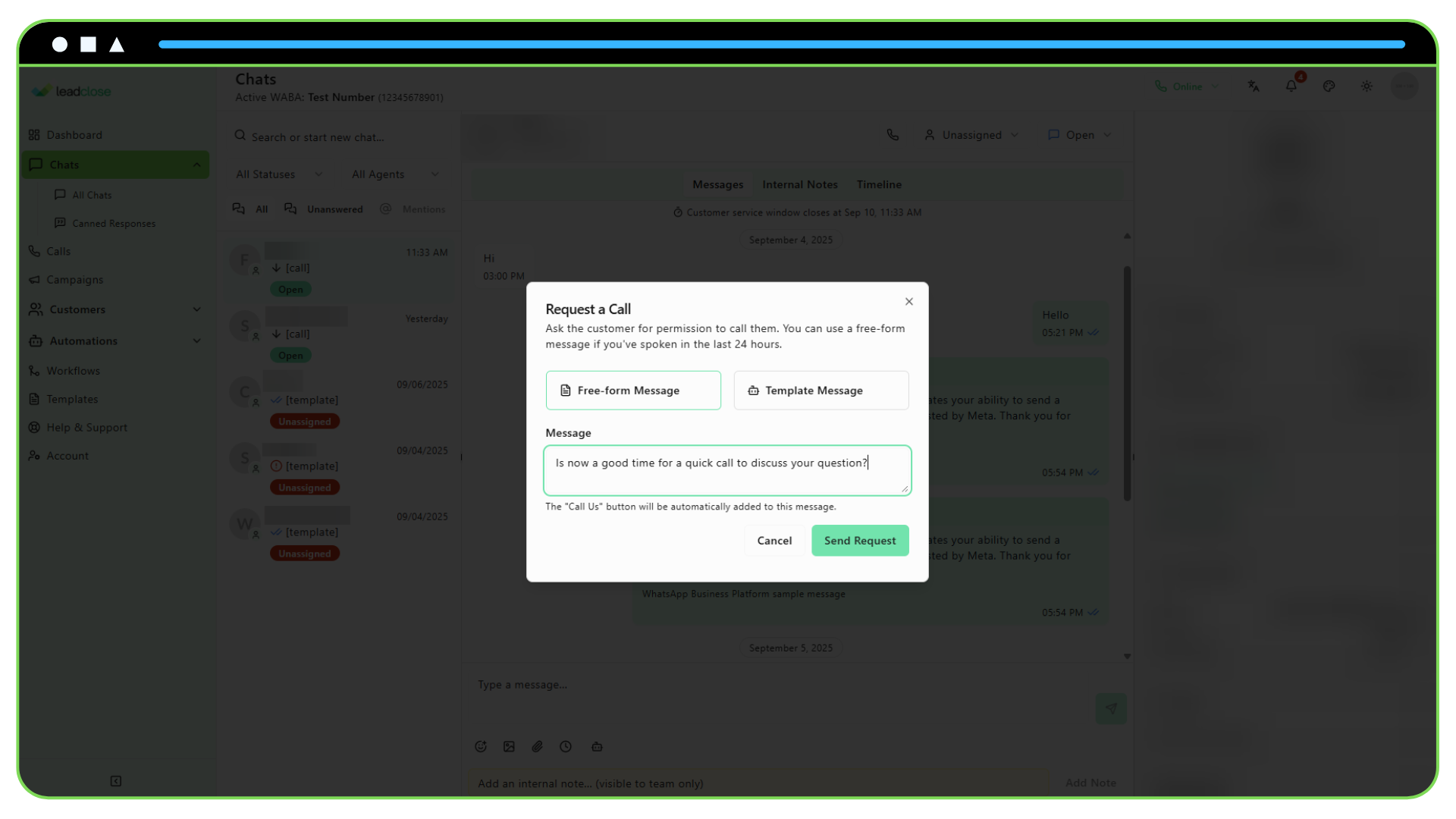 How to Request Call Permission Screenshot of the “Request a Call” dialog with a free-form message input field.