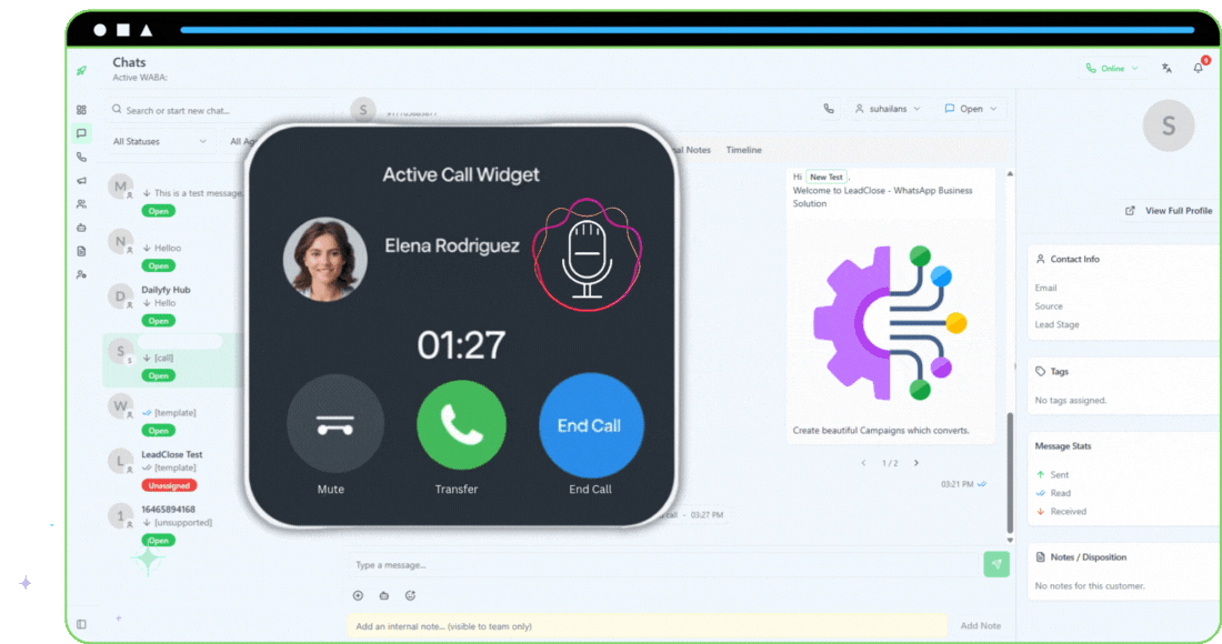 LeadClose dashboard showing a WhatsApp call interface